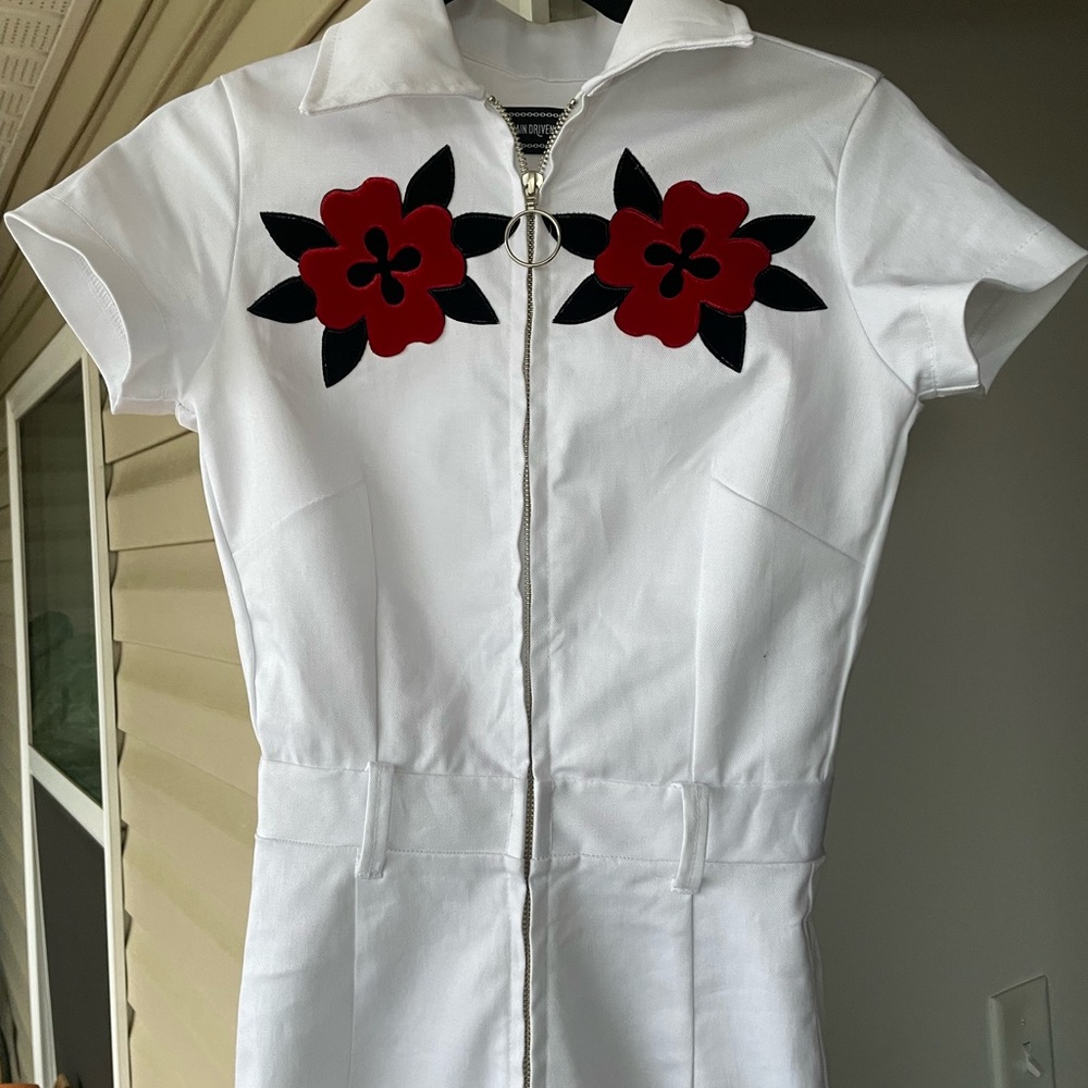 Custom white jumpsuit with red floral